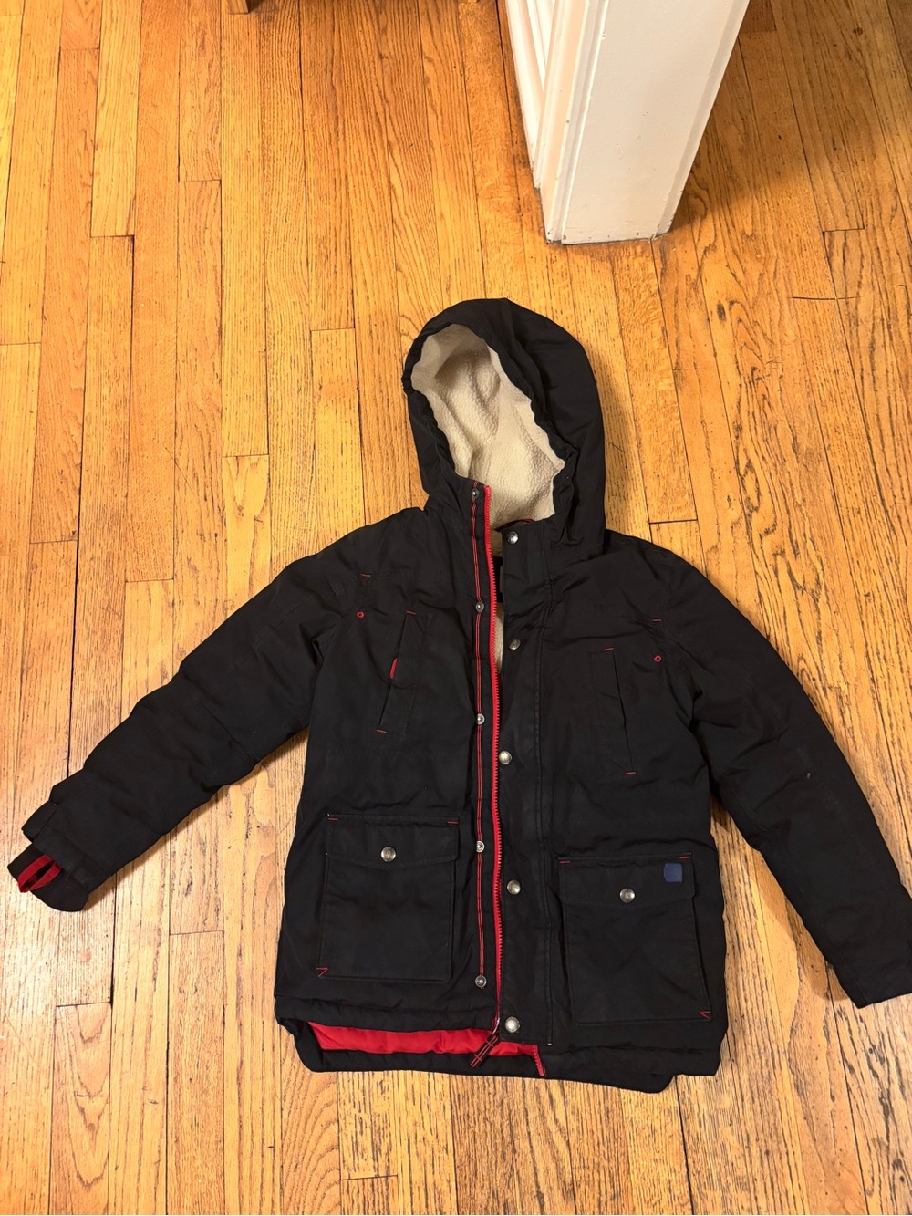 Kids Black Hooded Winter Coat with Red Trim lands end size 8